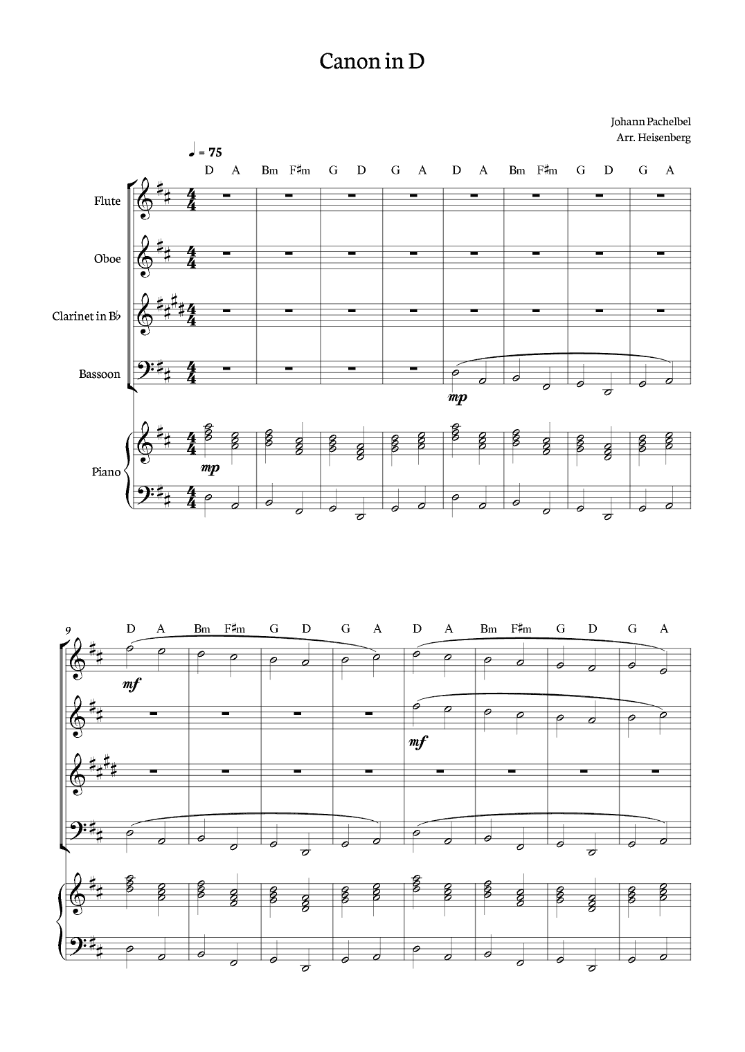 Canon in D - Johann Pachelbel for Woodwind Quartet with piano and chords. (arr. Heisenberg)