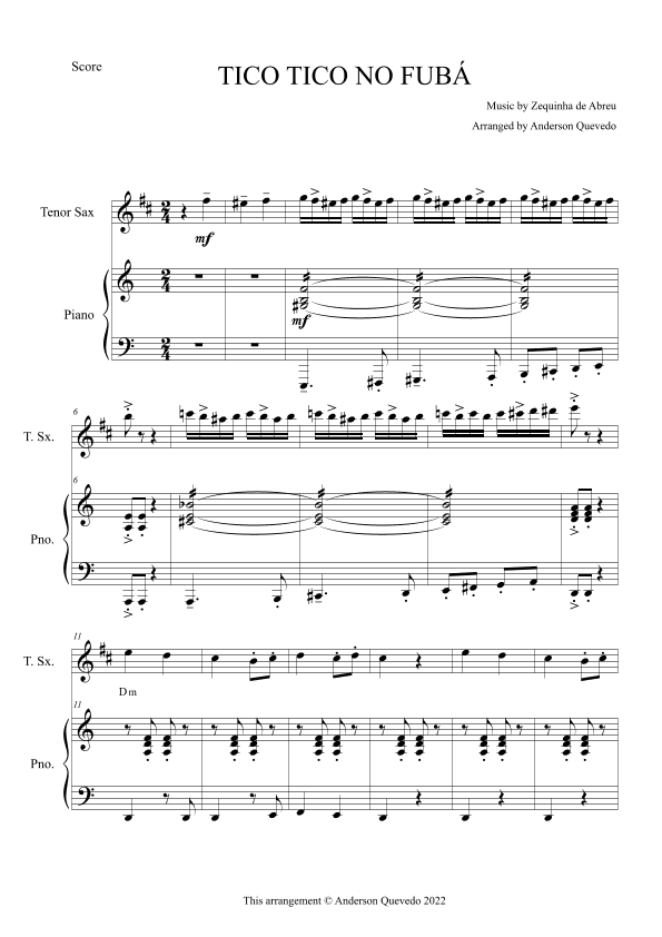 Tico Tico no Fubá by Zequinha de Abreu for Tenor Sax & Piano Duo (arr. Anderson Quevedo)