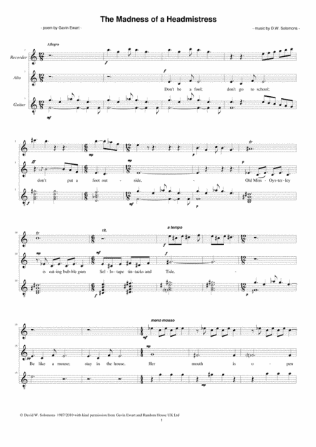 The Madness of a Headmistress for alto voice, alto recorder and guitar