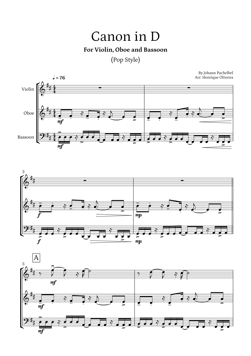 Canon in D (Pop Style) - For Violin, Oboe and Bassoon (arr. Henrique Oliveira)