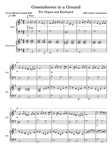 Greensleeves to a Ground for Organ and Keyboard (arr. Michael A. Joseph)