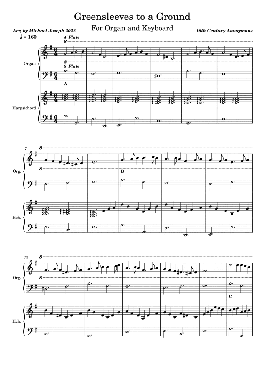 Greensleeves to a Ground for Organ and Keyboard (arr. Michael A. Joseph)