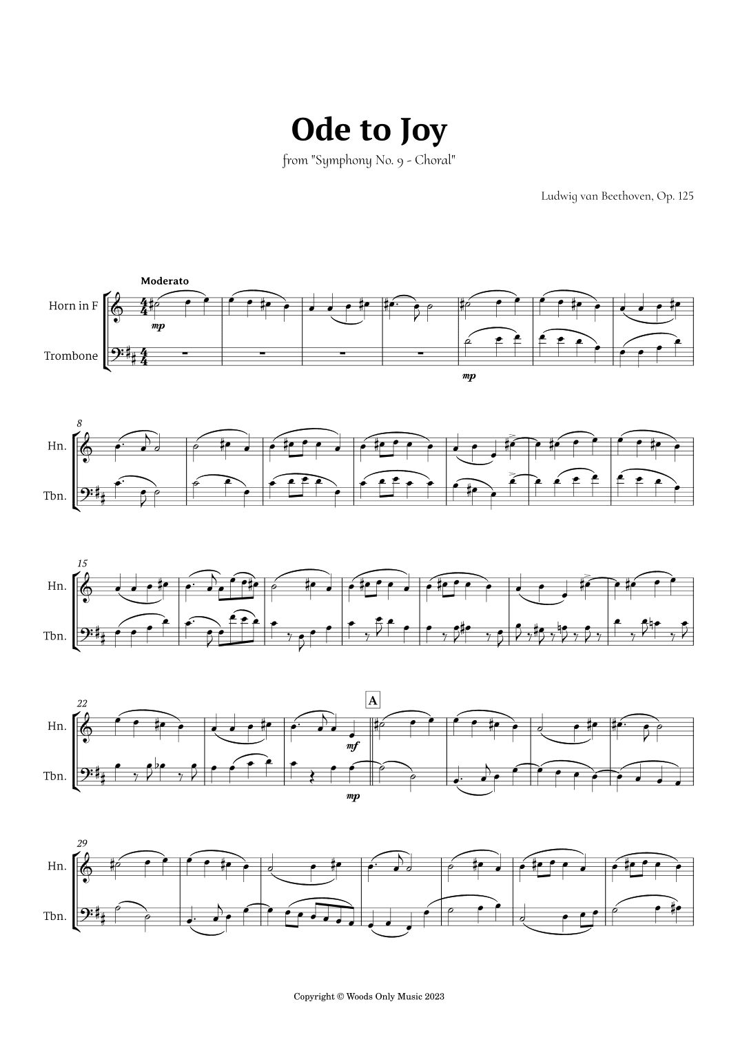 Ode to Joy by Beethoven for French Horn and Trombone Duet (arr. Ander)