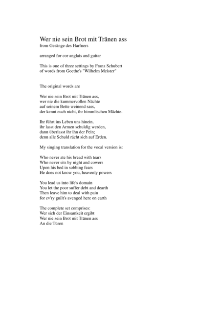 Wer nie sein Brot mit Tränen ass (Who never ate his bread with tears) for cor anglais and guitar (arr. David Warin Solomons)