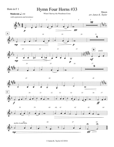 WHEN I SURVEY THE WONDROUS CROSS (Horn Quartet #33) (arr. James K. Taylor)
