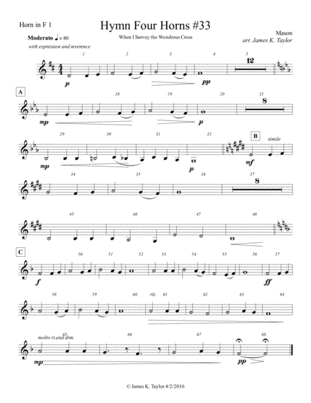 WHEN I SURVEY THE WONDROUS CROSS (Horn Quartet #33) (arr. James K. Taylor)