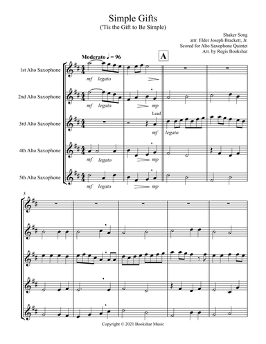 Simple Gifts ('Tis the Gift to Be Simple) (F) (Alto Saxophone Quintet) (arr. Regis Bookshar)
