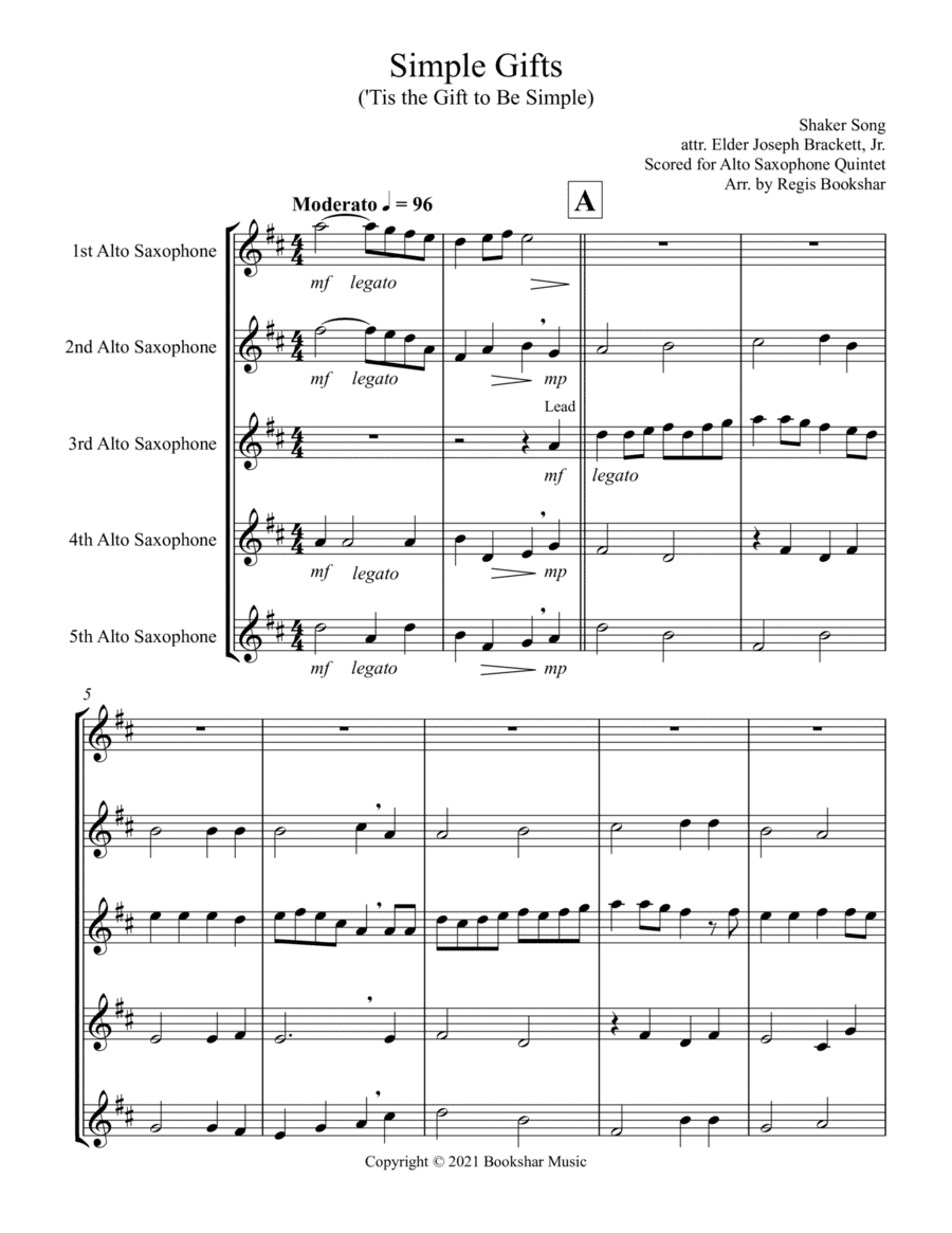 Simple Gifts ('Tis the Gift to Be Simple) (F) (Alto Saxophone Quintet) (arr. Regis Bookshar)