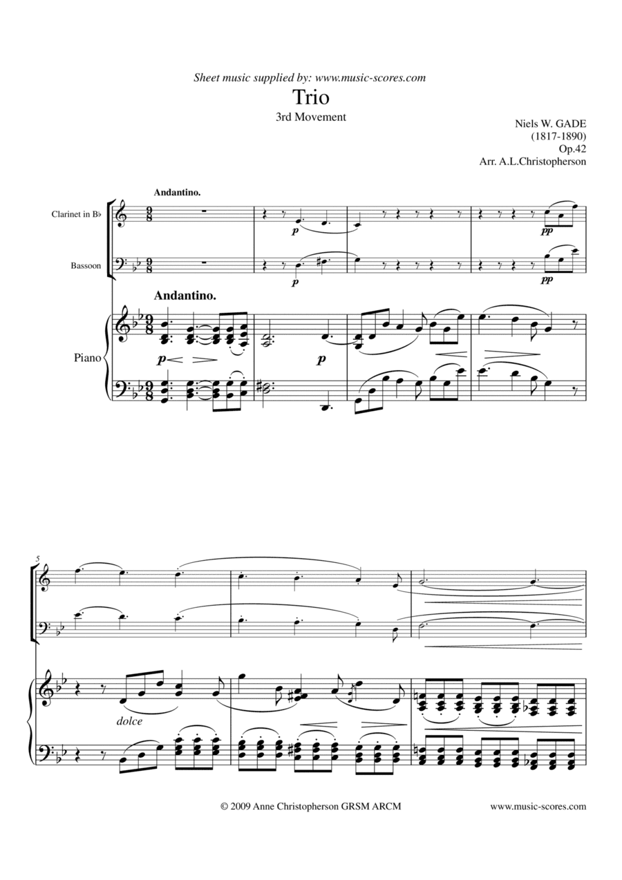 Gade - Andantino - 3rd Movement from Piano Trio - Bb Clarinet, Bassoon and Piano. (arr. Anne L Christopherson GRSM ARCM)