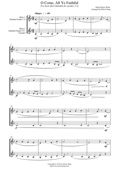 O Come, All Ye Faithful (for horn duet, suitable for grades 1-5) (arr. Edwin Sung)