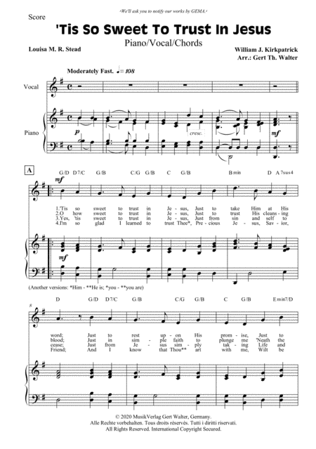 'Tis So Sweet To Trust In Jesus (arr. Gert Th. Walter)