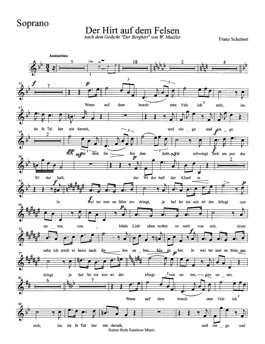 Schubert D 965 Op 129 Der Hirt auf dem Felsen Shepherd On The Rock Chamber Ensemble (arr. R G Roth)