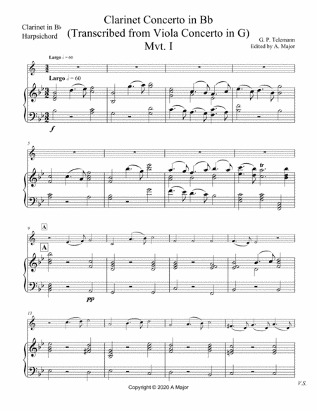 Telemann Clarinet Concerto in Bb (Transcribed Viola Concerto in G) (arr. A. Major)