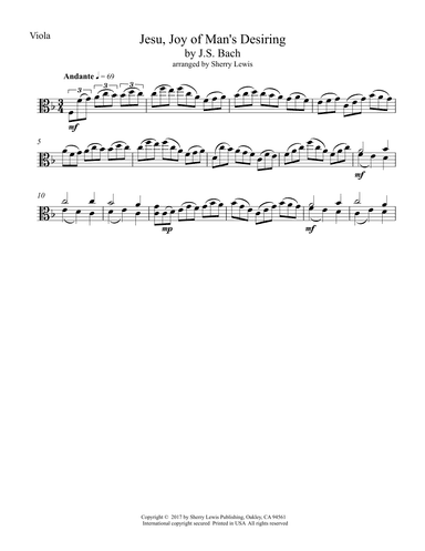 JESU, JOY OF MAN'S DESIRING for VIOLA SOLO (arr. Sherry Lewis)