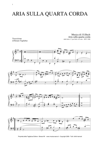 AIR ON G STRING - BWV 1068  - Arr. for Organ/Piano (arr. Renato Tagliabue)