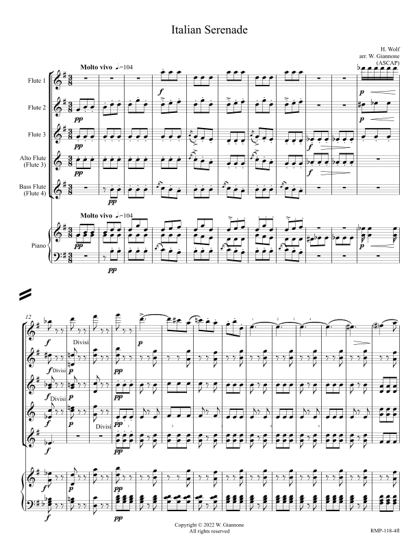 Wolf - Italian Serenade (for 4 flutes w/Alto Flute (alt. Flute 3) and piano reduction) (arr. William Giannone)