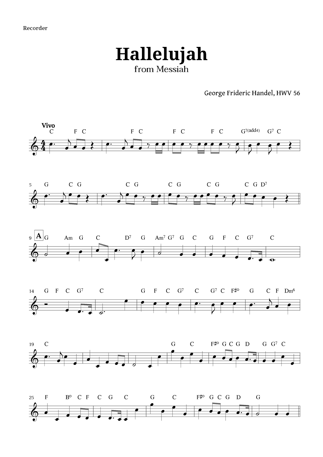 Hallelujah by Handel for Recorder with Chords (arr. Langanho)