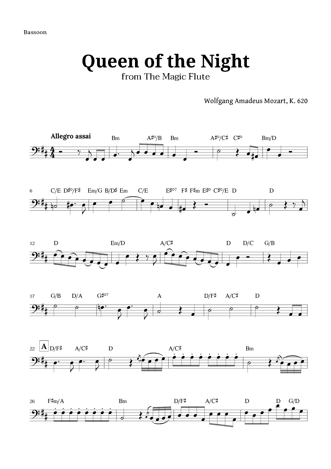 Queen of the Night by Mozart for Bassoon with Chords (arr. Langanho)