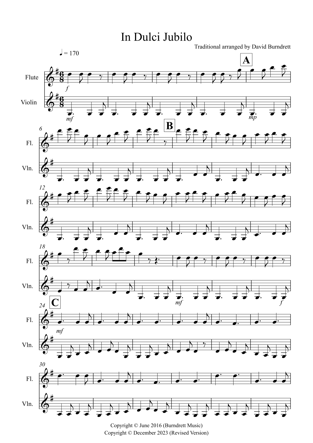 In Dulci Jubilo for Flute and Violin Duet (arr. David Burndrett)