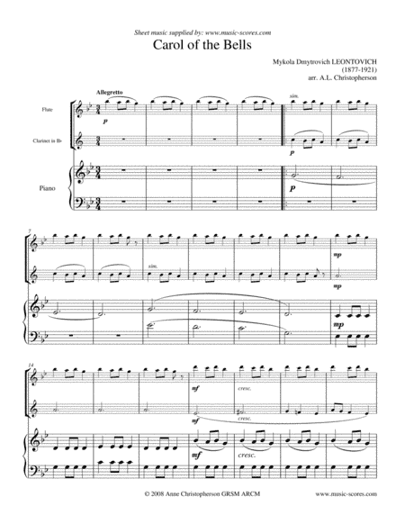 Carol of the Bells - Flute, Clarinet and Piano (arr. Anne L Christopherson GRSM ARCM)