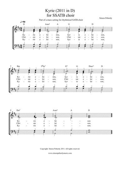 Kyrie in D (2011) (SSATB choir, in Latin), part of a mass setting by Simon Peberdy