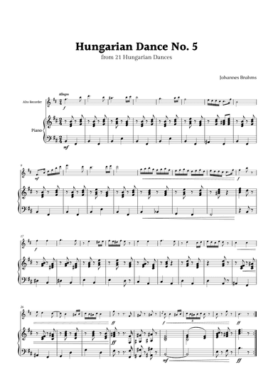 Hungarian Dance No. 5 by Brahms for Alto Recorder and Piano (arr. Rika K.)