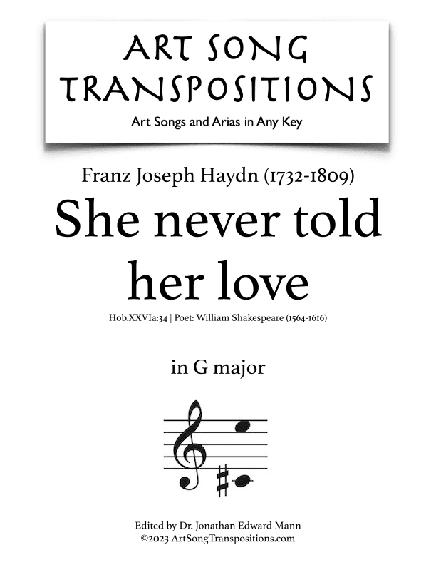 HAYDN: She never told her love (transposed to G major) (arr. ArtSongTranspositions.com)
