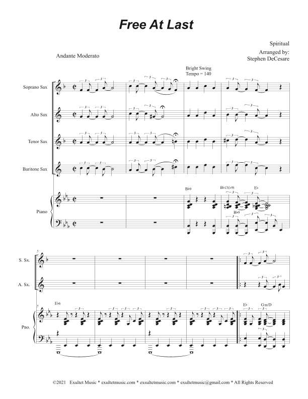 Free At Last (Saxophone Quartet and Piano) (arr. Stephen DeCesare)