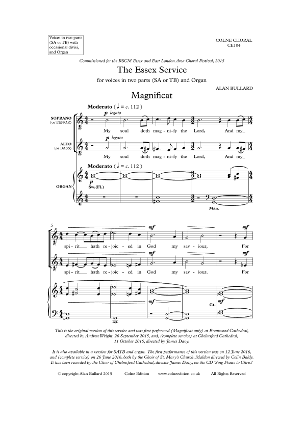 Essex Service (Magnificat and Nunc Dimittis) version for two-part voices (SA or TB) and organ