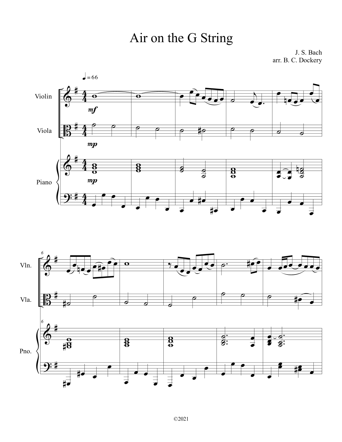 Air on the G String (Violin and Viola Duet with Piano Accompaniment) (arr. B. C. Dockery)