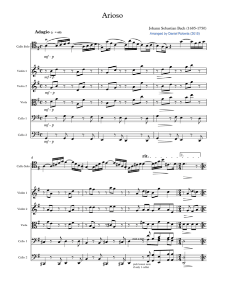 Bach Arioso (BWV 156) for Cello and Chamber Orchestra - SCORE (arr. Daniel Roberts)