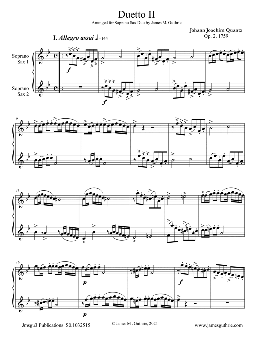 Quantz: Duetto Op. 2 No. 2 for Soprano Sax Duo (arr. James M. Guthrie)
