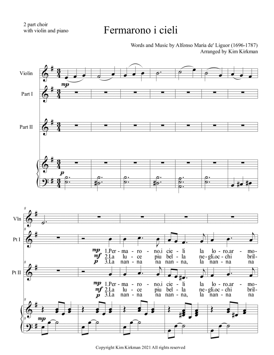 Fermarono i cieli - Italian Christmas carol for two part choir and violin and piano (arr. Kim Kirkman)