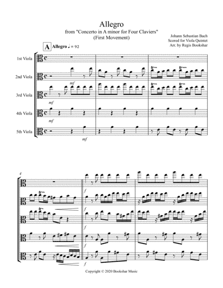Allegro (from "Concerto for Four Claviers") (A min) (Viola Quintet) (arr. Regis Bookshar)