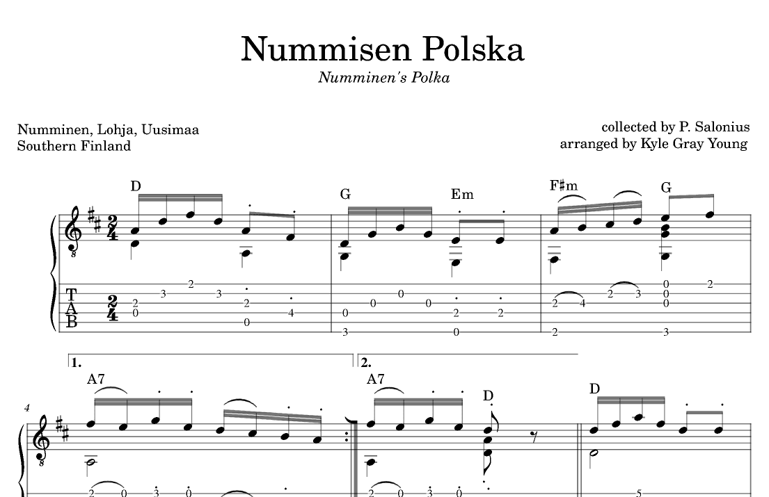 Nummisen Polska (Numminen’s Polka) (guitar tab) (arr. Kyle Gray Young)