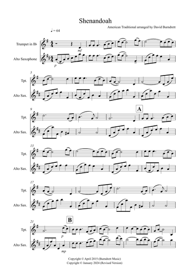 Shenandoah for Trumpet and Alto Saxophone Duet (arr. David Burndrett)