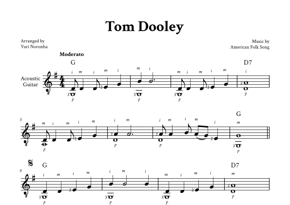 Tom Dooley - Fingerstyle Guitar (G Major, with Chords and Fingering) (arr. Yuri Noronha)