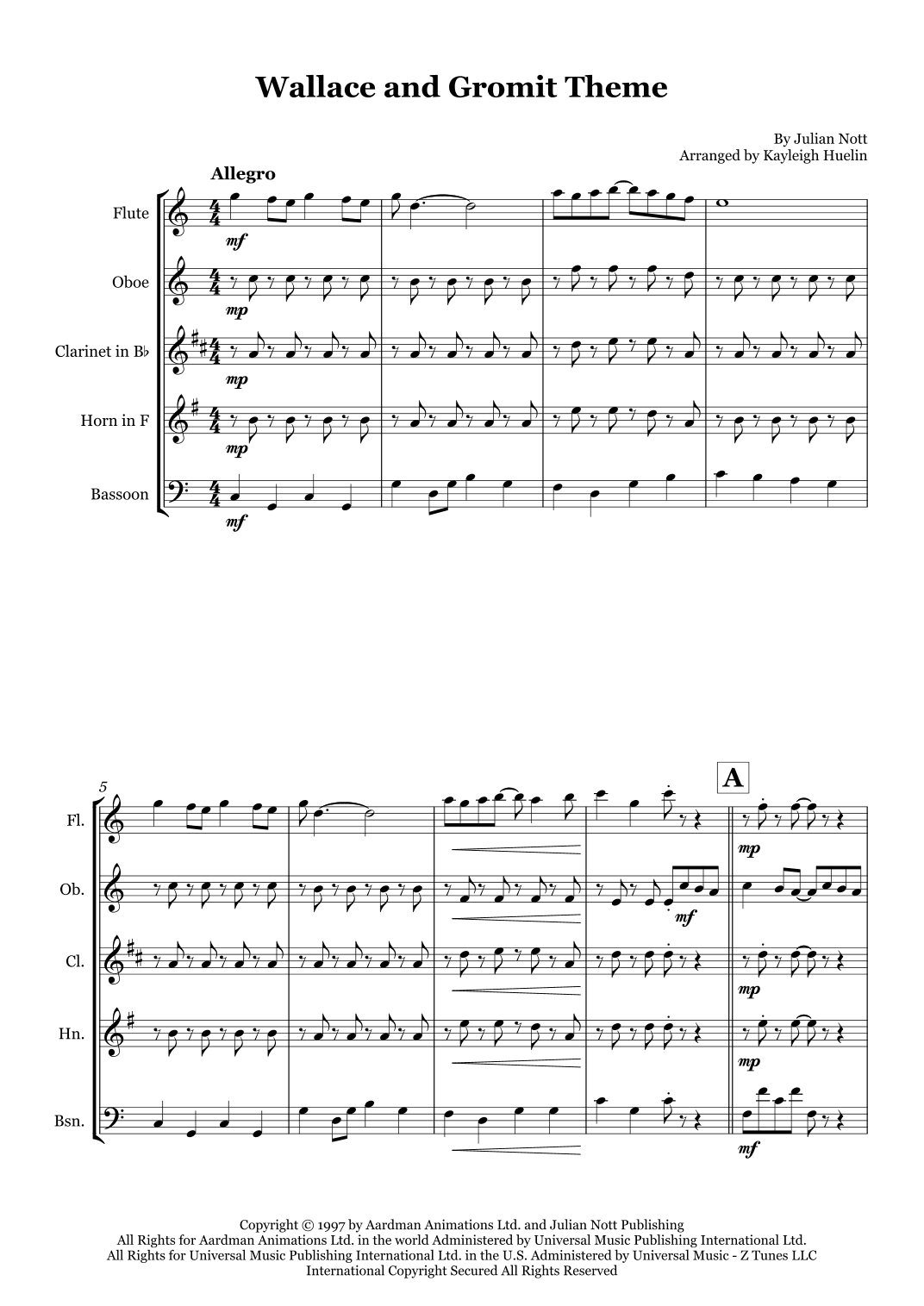 Wallace And Gromit Theme (arr. Kayleigh Huelin)