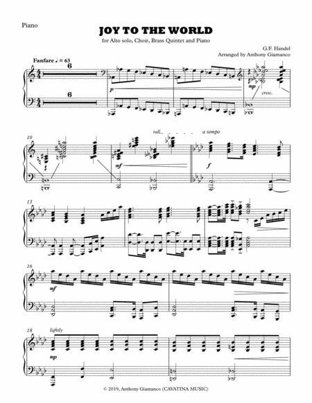 Joy to the World (alto solo, choir, piano, brass quintet) - PIANO SCORE (arr. Anthony Giamanco)