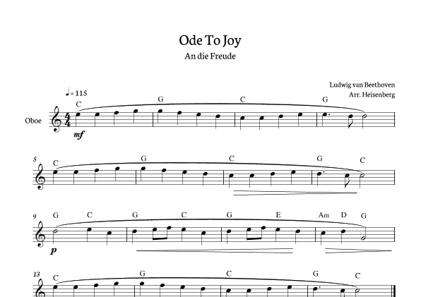 Beethoven - Ode To Joy for oboe in C with chords (arr. Heisenberg)