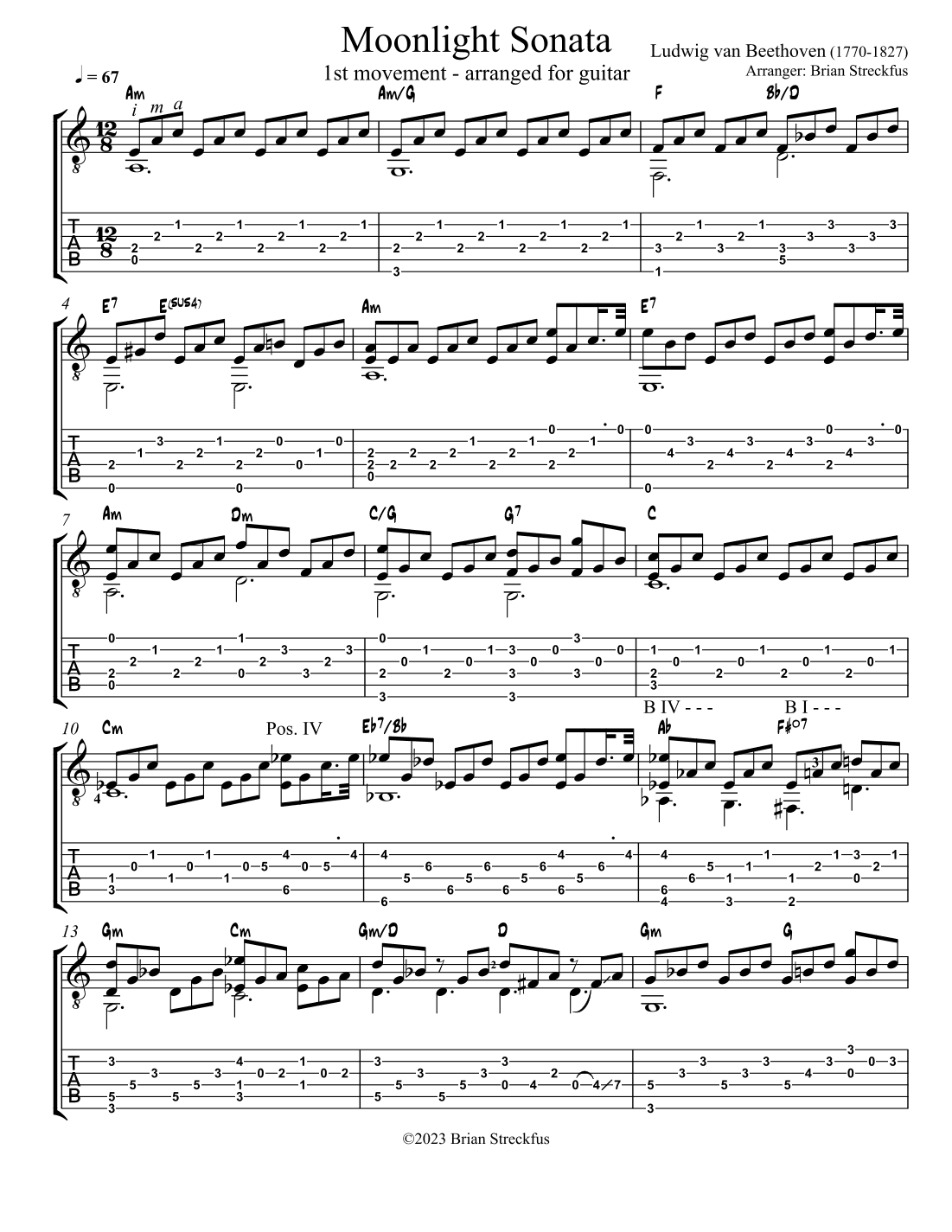 Moonlight Sonata (Piano Sonata No. 14) - Arranged for Guitar (arr. Brian Streckfus)