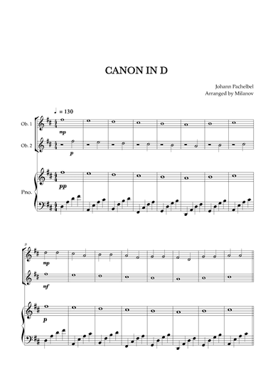 Canon in D | Pachelbel | Oboe Duet | Piano accompaniment (arr. Milanov)