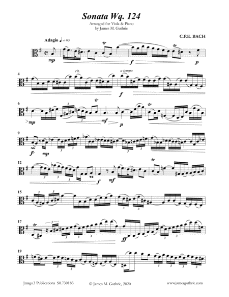 CPE BACH: Sonata in E Minor WQ124 for Viola & Piano (arr. James Guthrie, ASCAP)