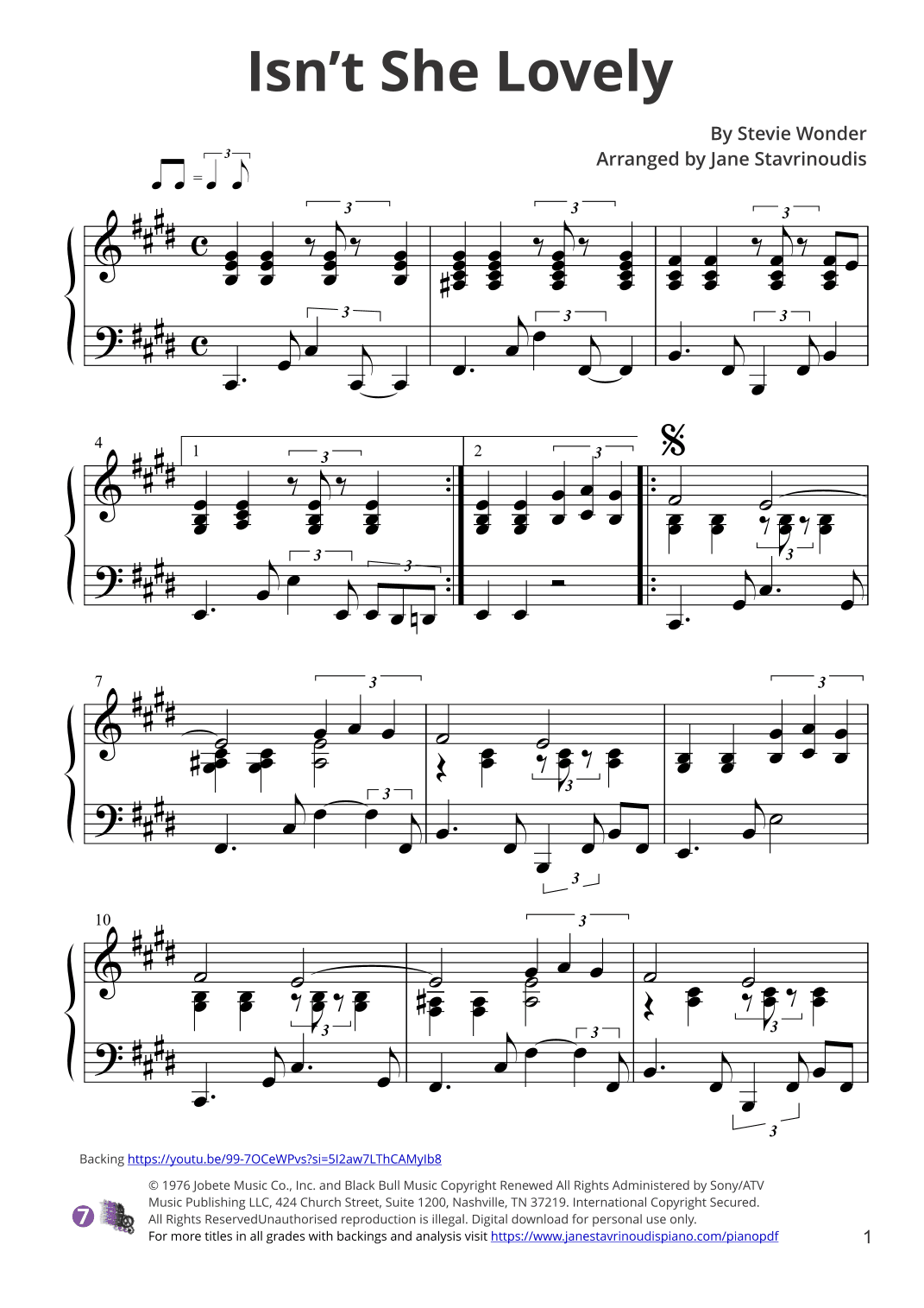 Isn't She Lovely (arr. Jane Stavrinoudis)