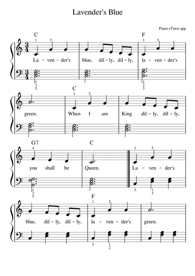 Lavender's Blue - piano sheet music (arr. Piano eTutor app)