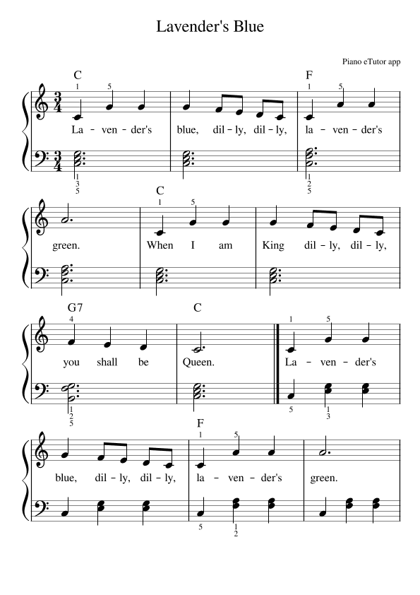 Lavender's Blue - piano sheet music (arr. Piano eTutor app)