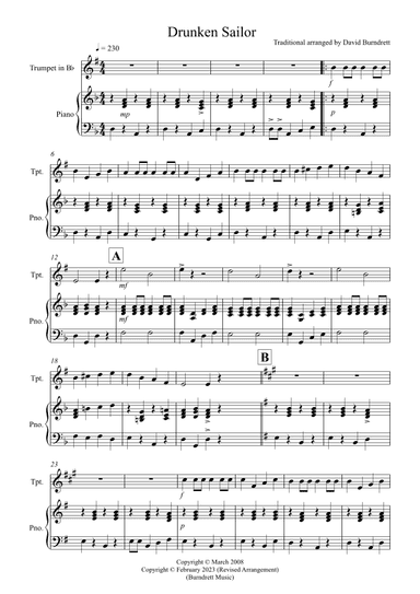 Drunken Sailor for Trumpet in Bb and Piano (arr. David Burndrett)