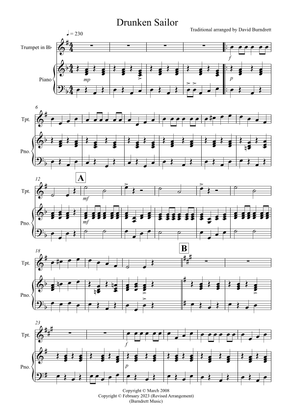 Drunken Sailor for Trumpet in Bb and Piano (arr. David Burndrett)