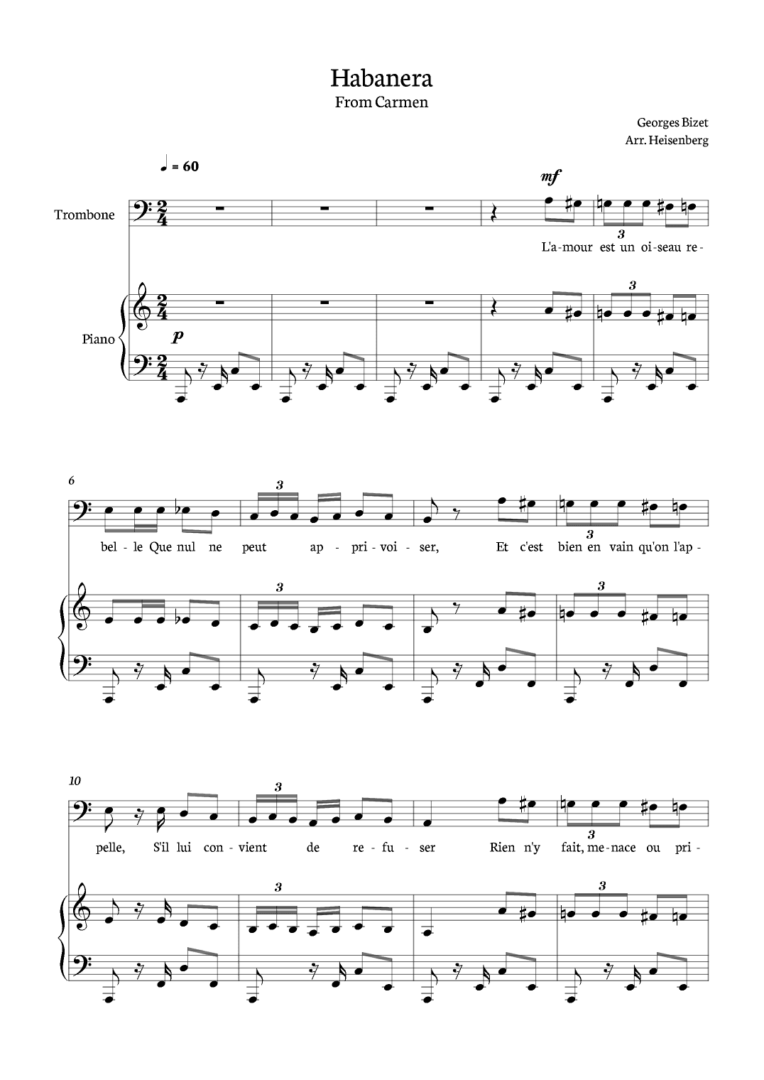 Habanera from Carmen for Trombone with piano. (arr. Heisenberg)