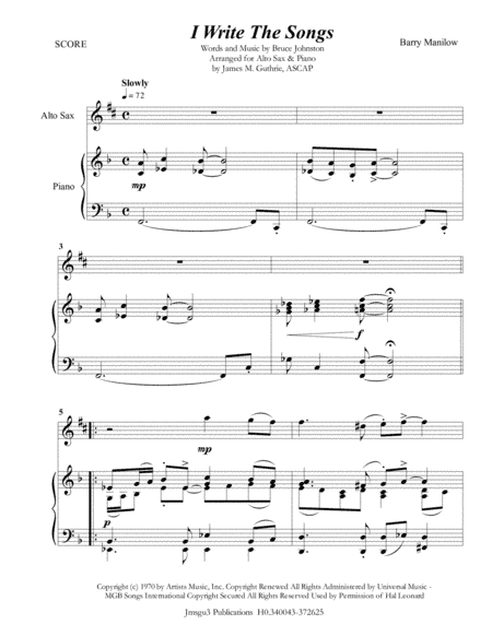 I Write The Songs (arr. James M. Guthrie, ASCAP)
